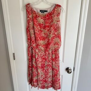 Ralph Lauren Red Tan Floral Blouson Pleated dress SZ 18 NO POCKETS